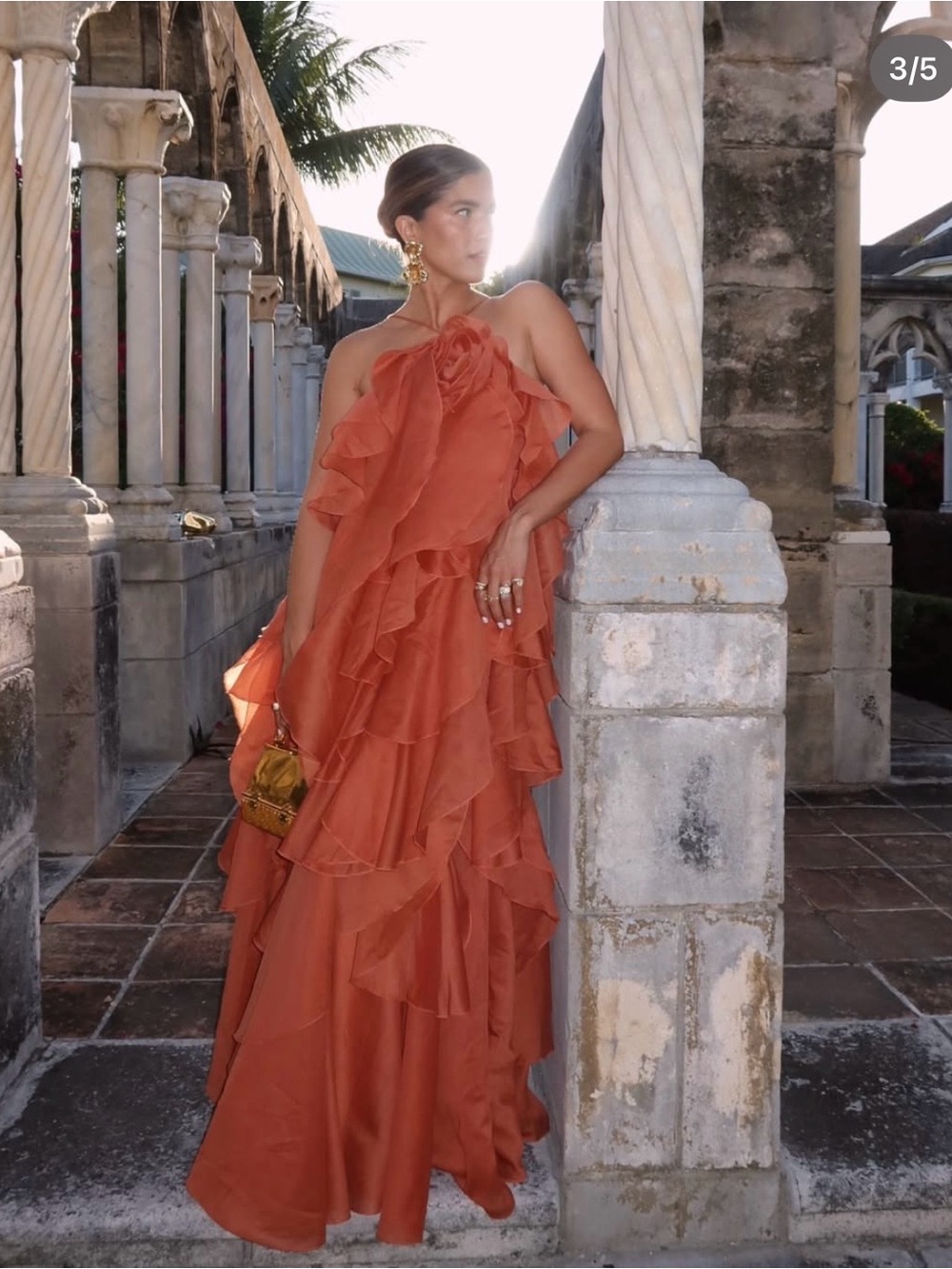 Aje Pandorea Coral Clay Tiered Maxi Dress with Floral Rosette